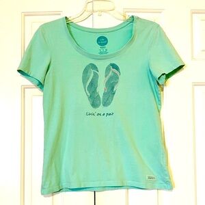 Life is Good 100% cotton flip flops short sleeve t-shirt. Blue green. Small